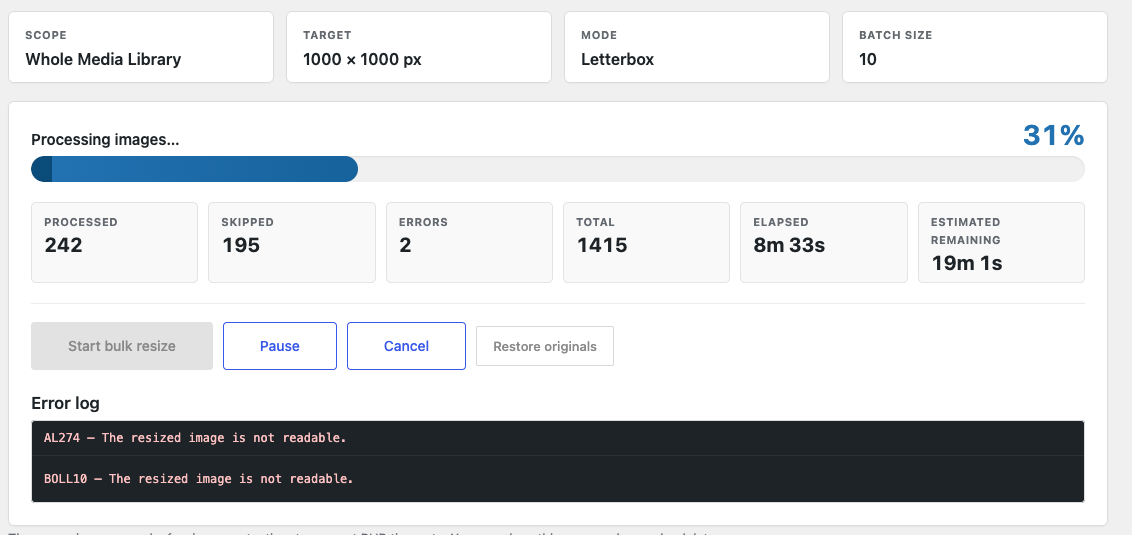 Bulk Resize screen with progress bar, statistics and error log