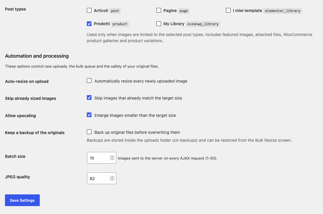 Settings: post types selection, automation, backup and batch options