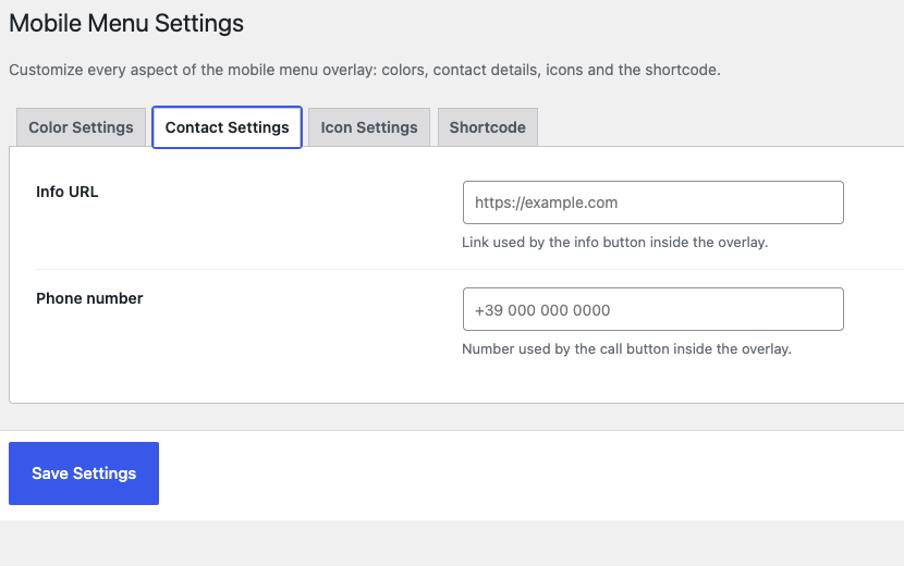 Contact settings for info URL and phone number